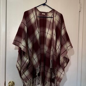 Hollister Burgundy and Cream Plaid Poncho